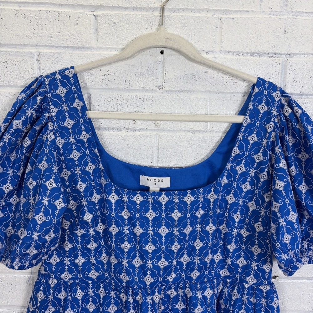 Rhode for Target Babydoll Dress M Blue Embroidered Eyelet Puff Sleeves Pockets - Picture 3 of 12